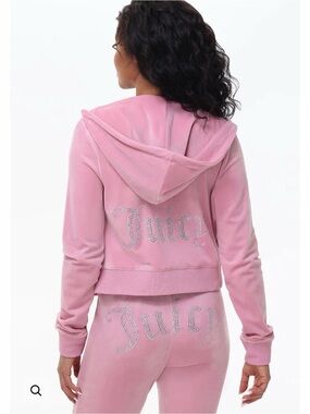 Juicy Couture Pink Velour Crystal Logo Zip Hoodie